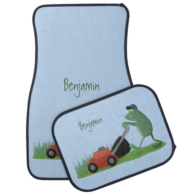 Funny green frog mowing lawn cartoon  car floor mat (Set)