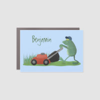 Funny green frog mowing lawn cartoon