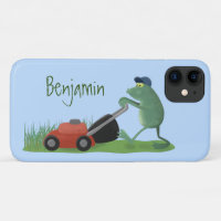 Funny green frog mowing lawn cartoon