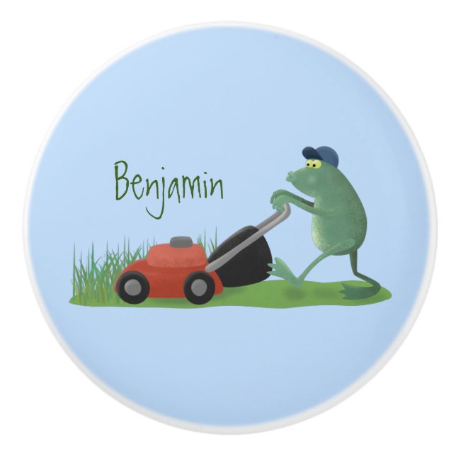 Funny green frog mowing lawn cartoon ceramic knob (Front)