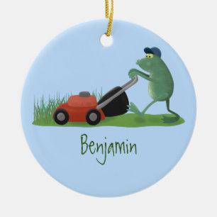 Funny green frog mowing lawn cartoon ceramic ornament