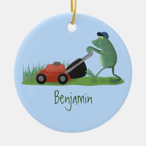 Funny green frog mowing lawn cartoon ceramic ornament