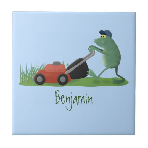 Funny green frog mowing lawn cartoon ceramic tile