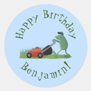 Funny green frog mowing lawn cartoon classic round sticker