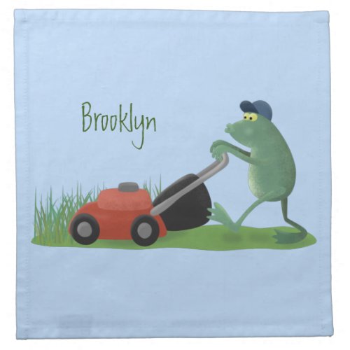 Funny green frog mowing lawn cartoon cloth napkin