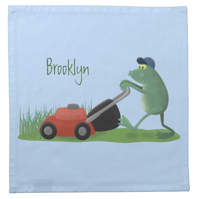 Funny green frog mowing lawn cartoon cloth napkin (Front)