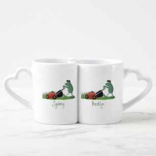 Funny green frog mowing lawn cartoon coffee mug set