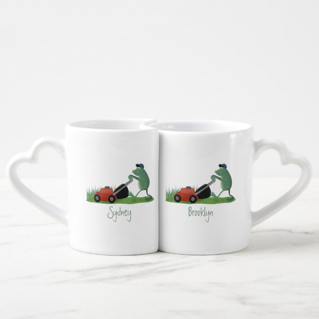 Funny green frog mowing lawn cartoon coffee mug set (Back Nesting)