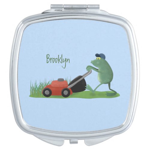 Funny green frog mowing lawn cartoon compact mirror