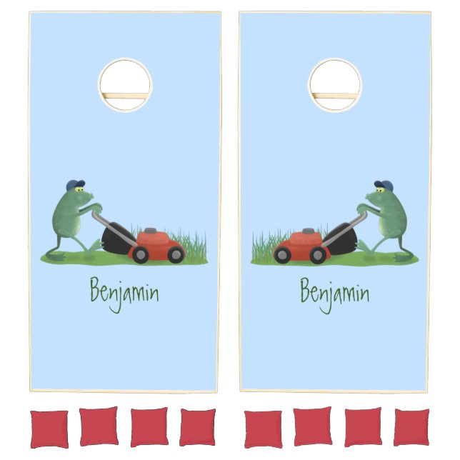 Funny green frog mowing lawn cartoon cornhole set (Set)