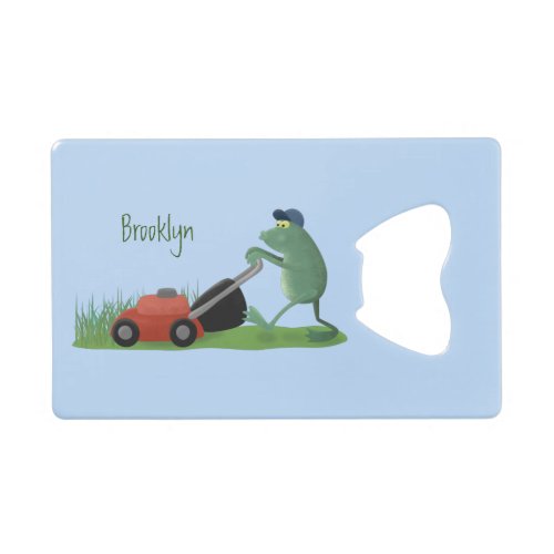 Funny green frog mowing lawn cartoon credit card bottle opener