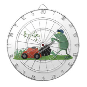 Funny green frog mowing lawn cartoon dart board