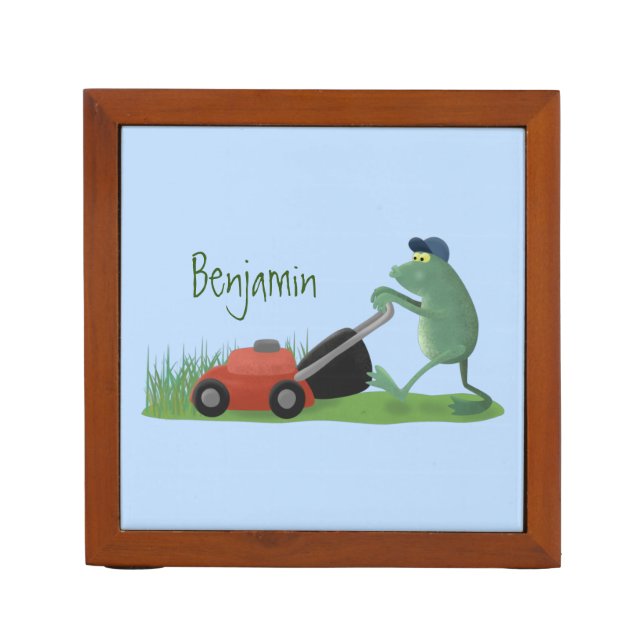 Funny green frog mowing lawn cartoon desk organizer (Front)