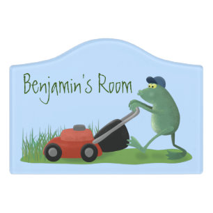 Funny green frog mowing lawn cartoon door sign