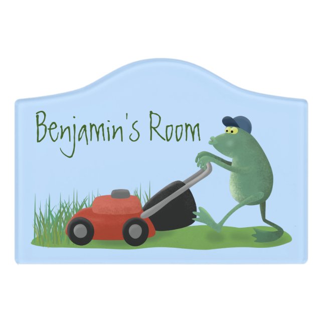 Funny green frog mowing lawn cartoon door sign (Small Crest Front)