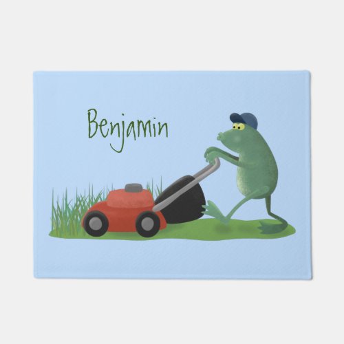 Funny green frog mowing lawn cartoon doormat