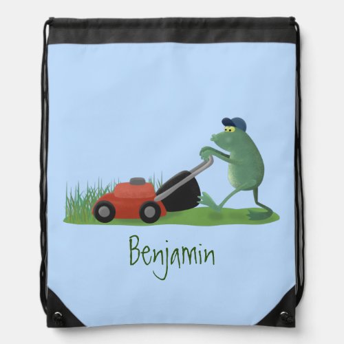 Funny green frog mowing lawn cartoon drawstring bag