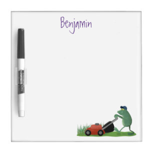 Funny green frog mowing lawn cartoon dry erase board