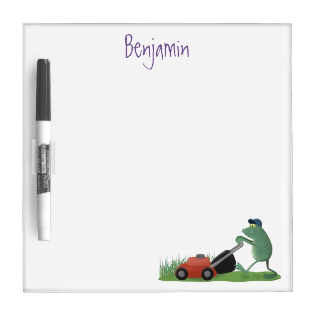 Funny green frog mowing lawn cartoon dry erase board (Front)
