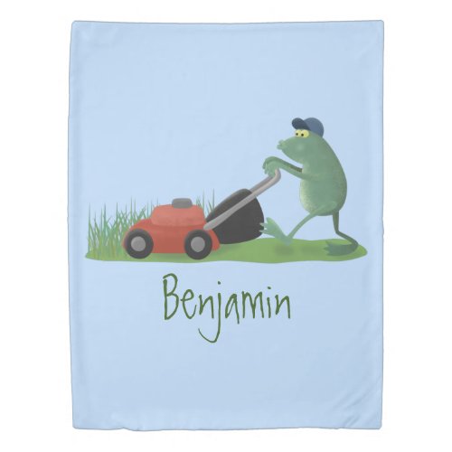 Funny green frog mowing lawn cartoon duvet cover