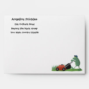 Funny green frog mowing lawn cartoon envelope