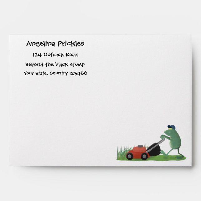 Funny green frog mowing lawn cartoon envelope (Front)