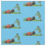 Funny green frog mowing lawn cartoon fabric