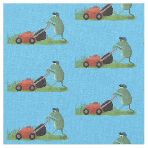 Funny green frog mowing lawn cartoon fabric