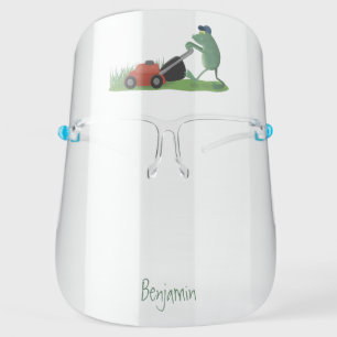 Funny green frog mowing lawn cartoon face shield