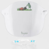 Funny green frog mowing lawn cartoon face shield (Front w/Glasses)