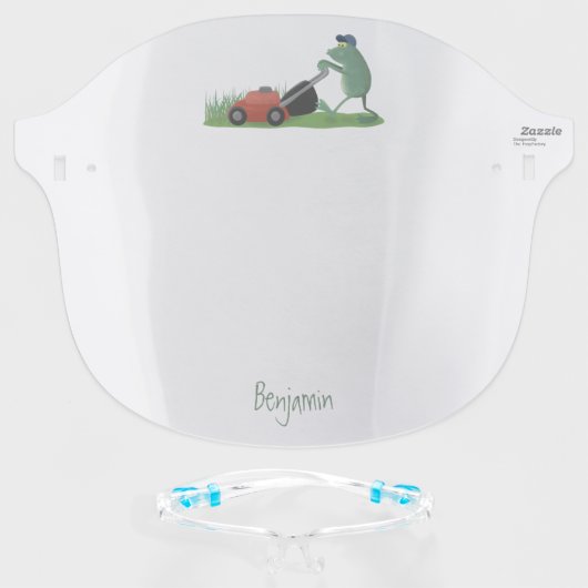 Funny green frog mowing lawn cartoon face shield (Front w/Glasses)