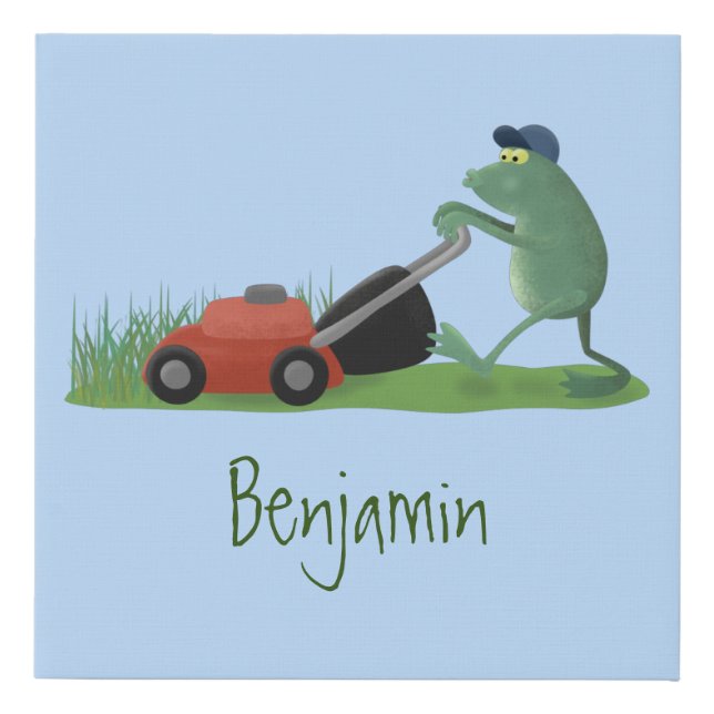 Funny green frog mowing lawn cartoon faux canvas print (Front)