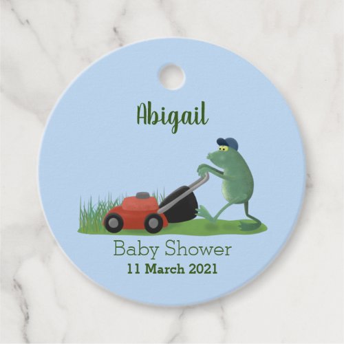Funny green frog mowing lawn cartoon  favor tags