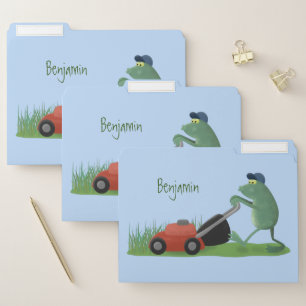 Funny green frog mowing lawn cartoon file folder
