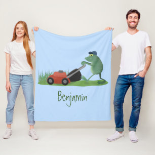 Funny green frog mowing lawn cartoon fleece blanket