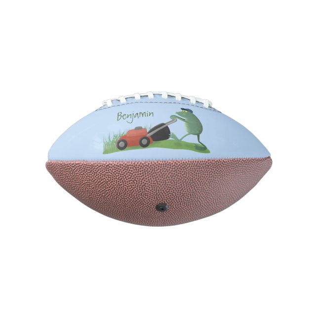 Funny green frog mowing lawn cartoon football (Rotated 270)