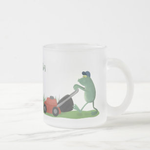 Funny green frog mowing lawn cartoon frosted glass coffee mug