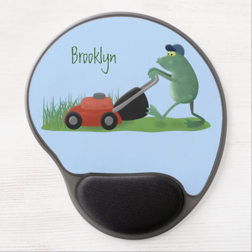Funny green frog mowing lawn cartoon gel mouse pad