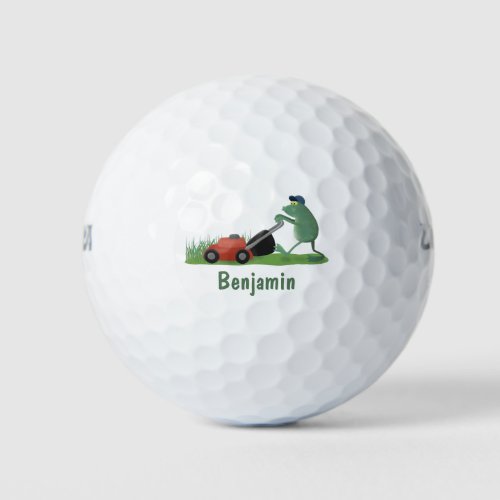 Funny green frog mowing lawn cartoon golf balls