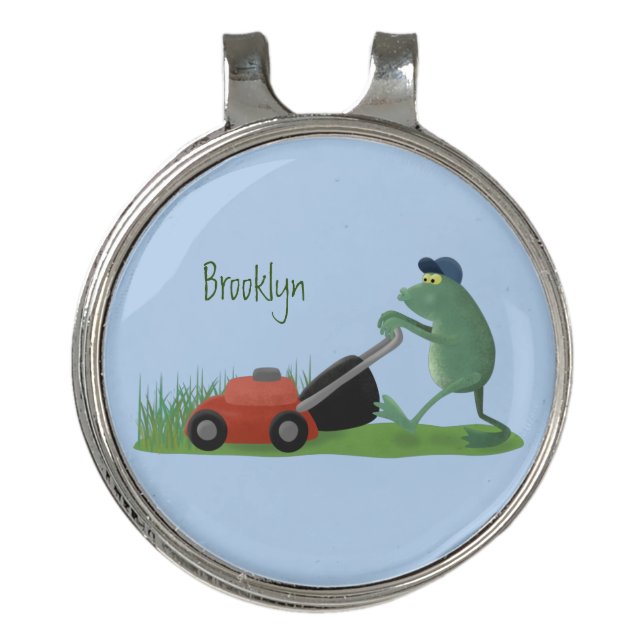 Funny green frog mowing lawn cartoon golf hat clip (Front)