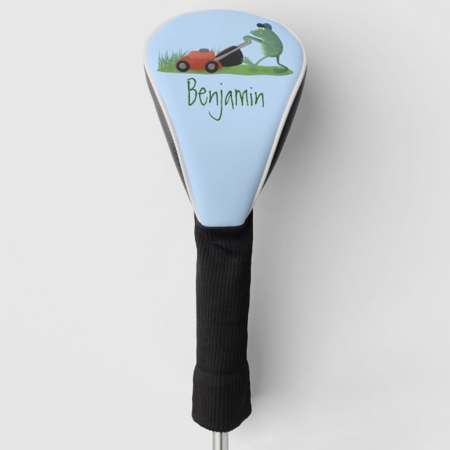 Funny green frog mowing lawn cartoon golf head cover (Front)