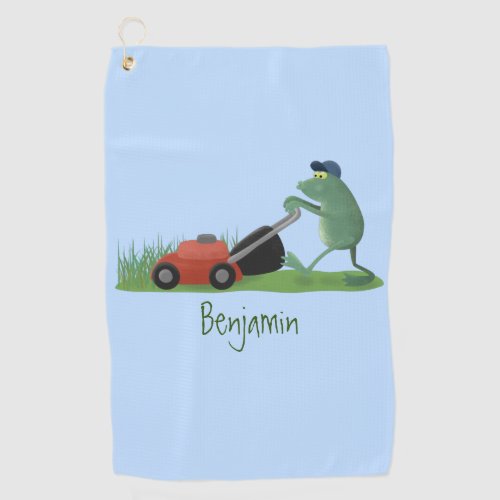 Funny green frog mowing lawn cartoon  golf towel