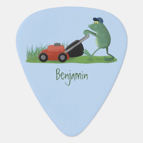 Funny green frog mowing lawn cartoon  guitar pick