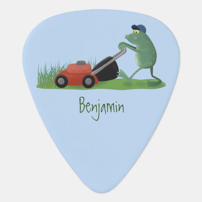 Funny green frog mowing lawn cartoon  guitar pick (Front)