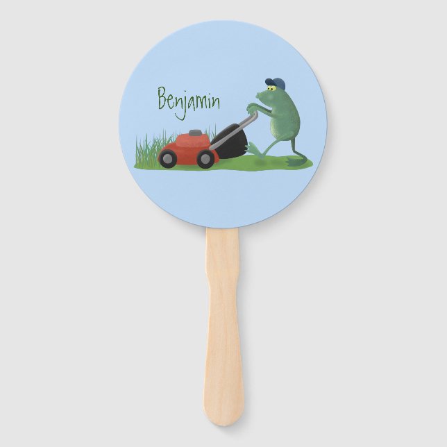 Funny green frog mowing lawn cartoon hand fan (Front)