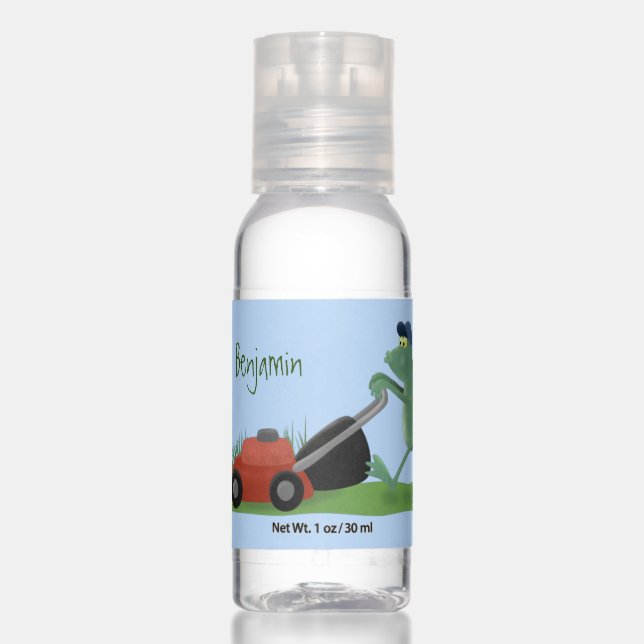 Funny green frog mowing lawn cartoon hand sanitizer (Front)