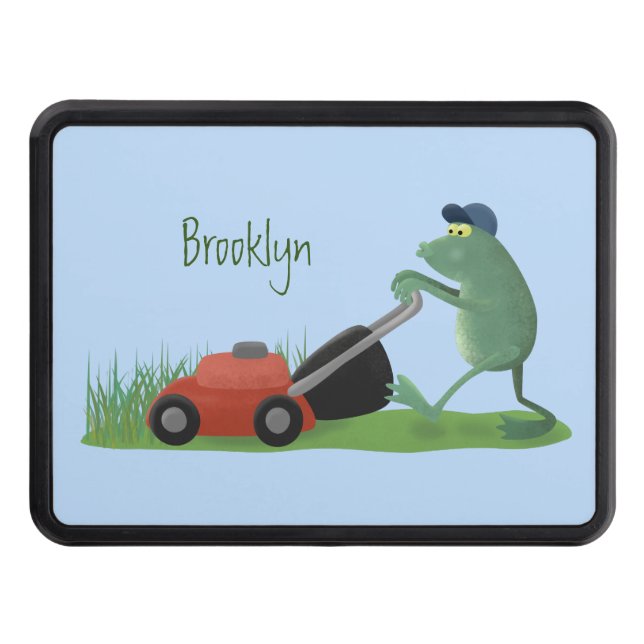 Funny green frog mowing lawn cartoon hitch cover (Front)
