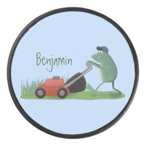 Funny green frog mowing lawn cartoon hockey puck