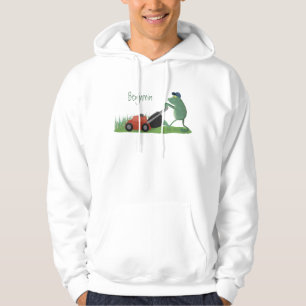 Funny green frog mowing lawn cartoon hoodie