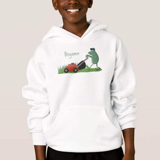 Funny green frog mowing lawn cartoon hoodie (Front)